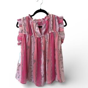 NWT 77 Park Pink Nautical Print Ruffle Sleeve Top – Size M Barbiecore Feminine